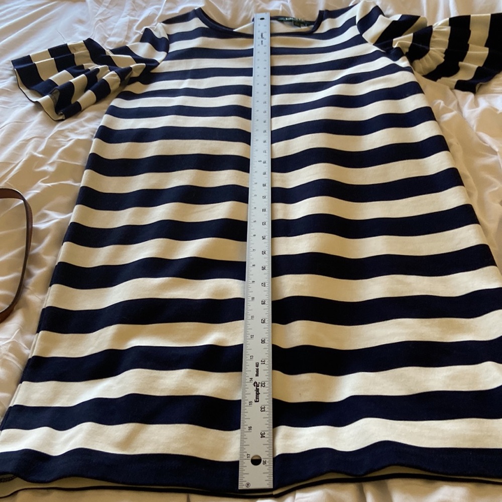 LRalph Lauren Navy White Striped Dress Womens Med Bell Sleeve Midi Nautical - Picture 6 of 11